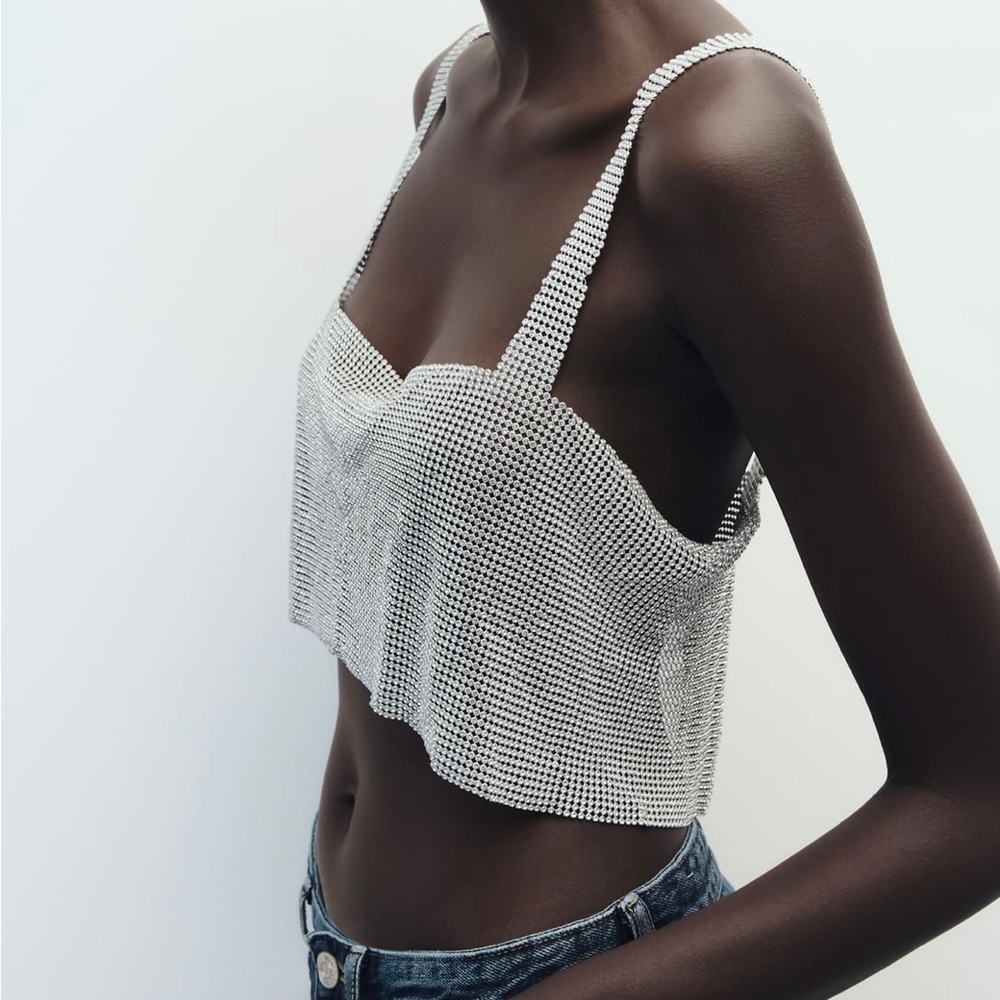 Cropped Rhinestone Crystal Cami Tank in Silver, Size Small